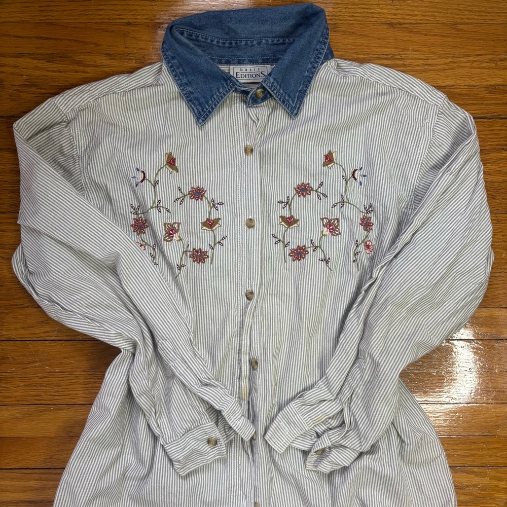Basic Editions Blue and White Striped Shirt with Floral Embroidery